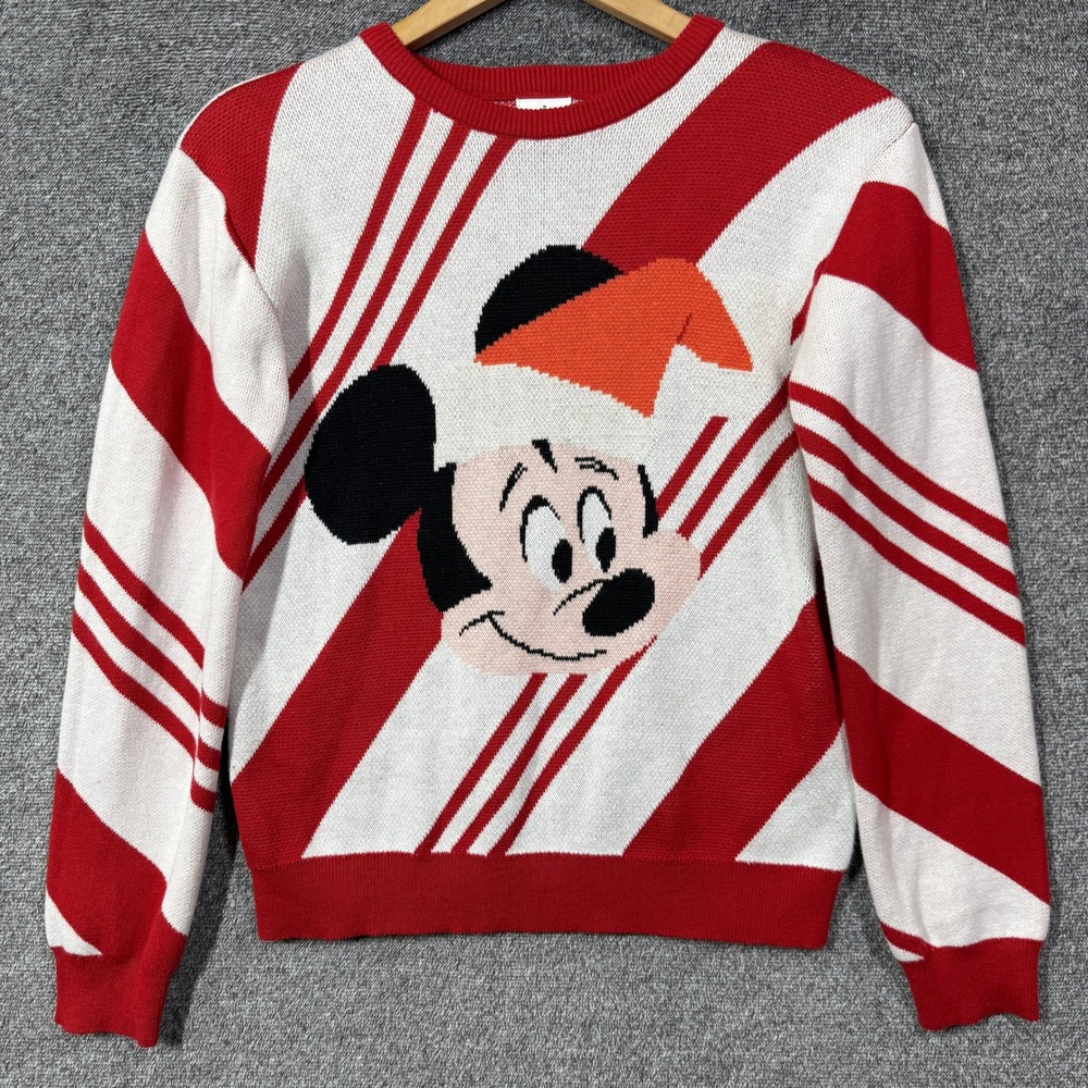 Disney Mickey Mouse Christmas Sweater Red White Candy Cane Stripe Women XS/S
